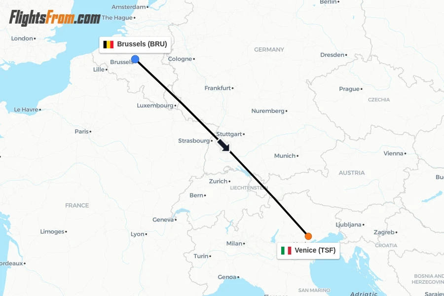 Flights from Brussels to Venice route map