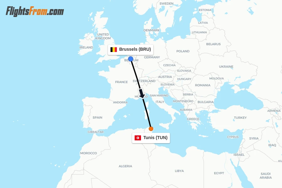 Flights from Brussels to Tunis route map