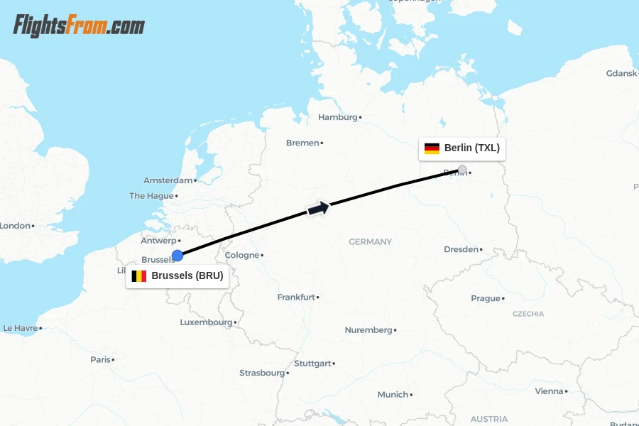Flights from Brussels to Berlin route map