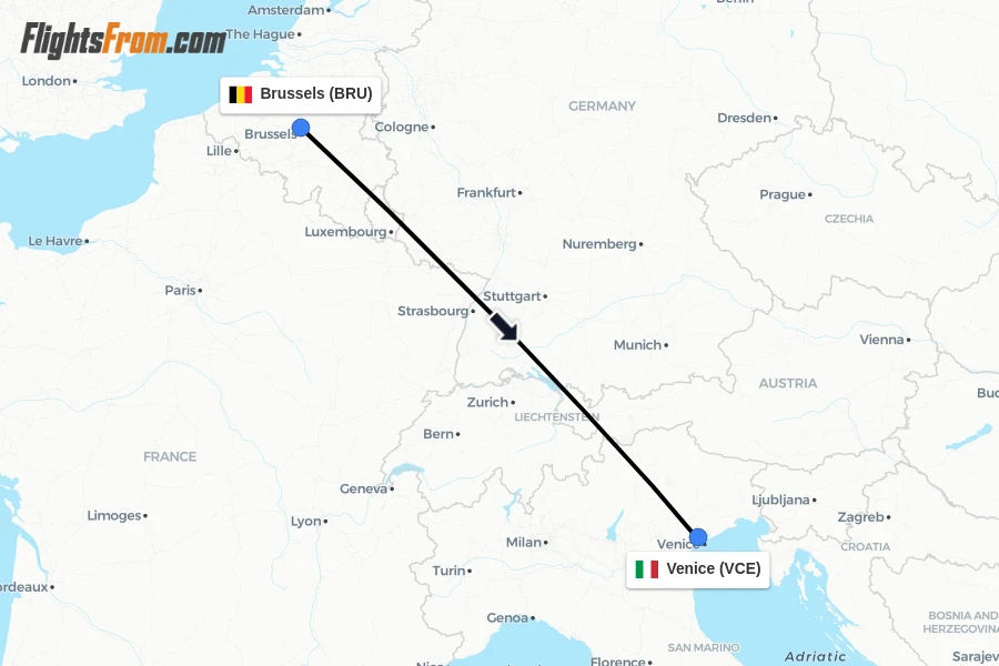 Flights from Brussels to Venice route map