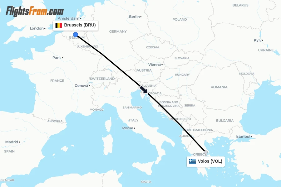 Flights from Brussels to Volos route map