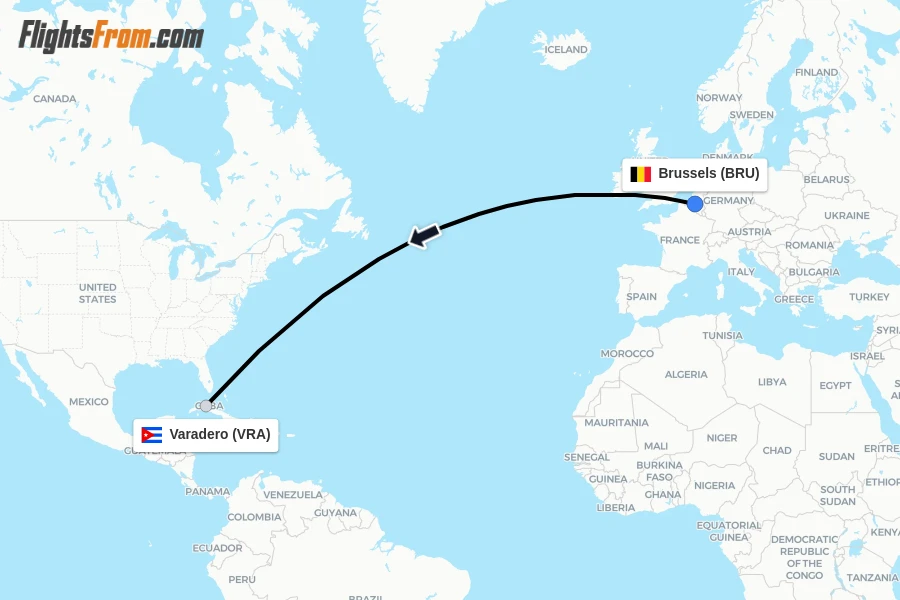 Flights from Brussels to Varadero route map