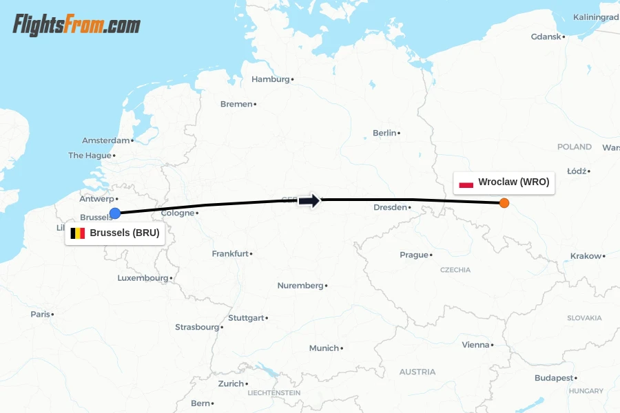 Flights from Brussels to Wroclaw route map