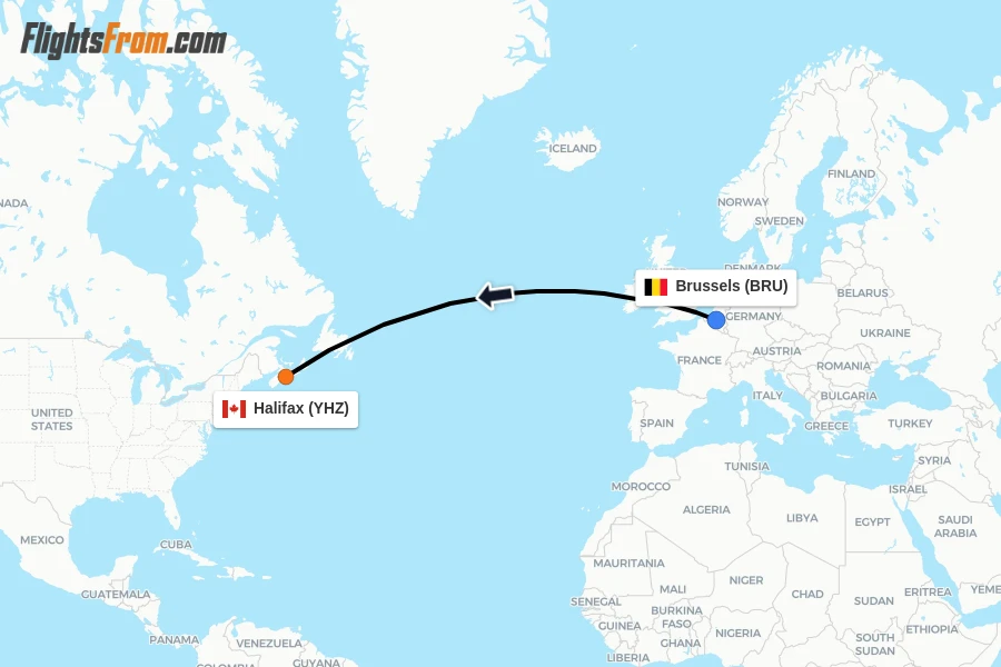 Flights from Brussels to Halifax route map