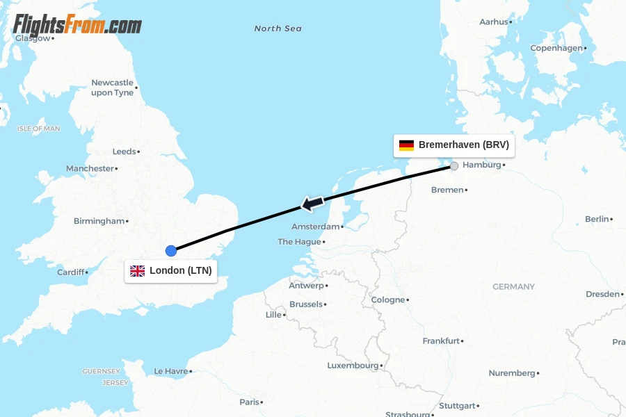 Flights from Bremerhaven to London route map