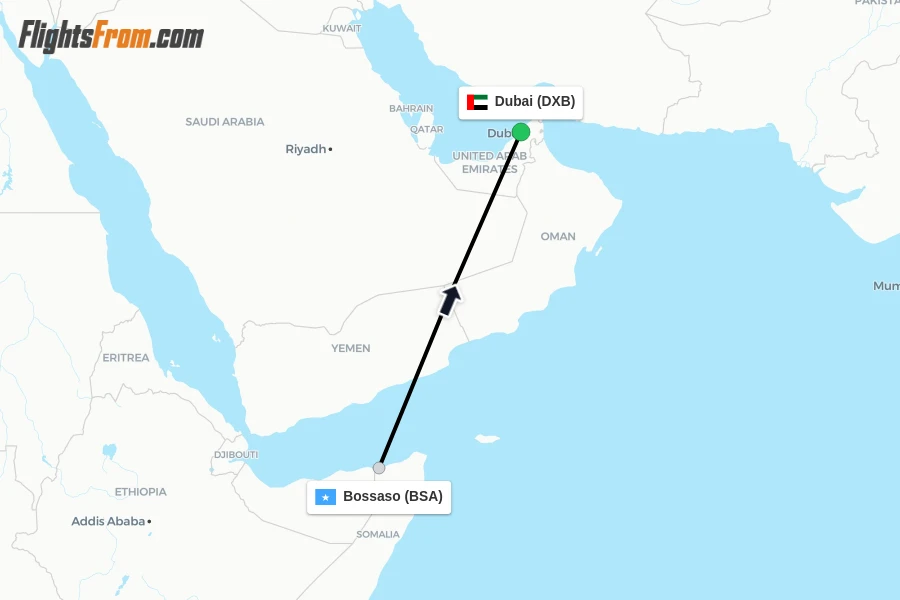 Flights from Bossaso to Dubai route map