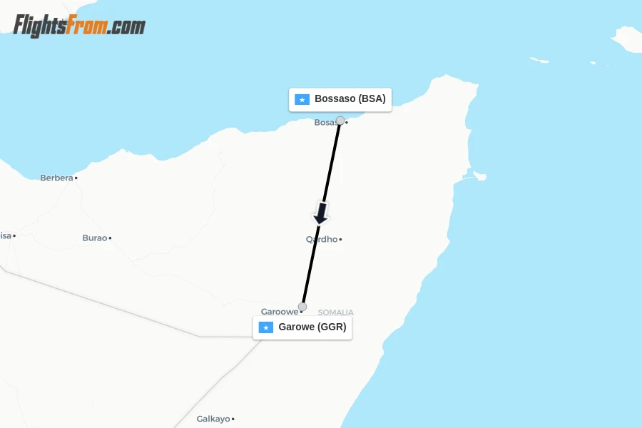 Flights from Bossaso to Garowe route map