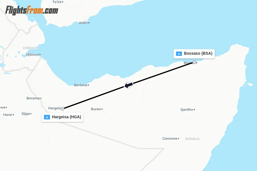 Flights from Bossaso to Hargeisa route map