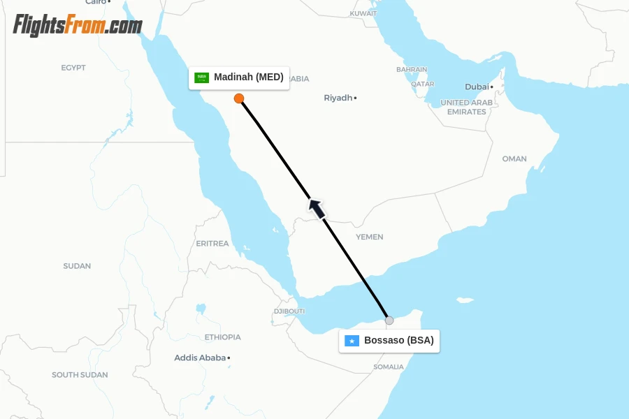 Flights from Bossaso to Madinah route map