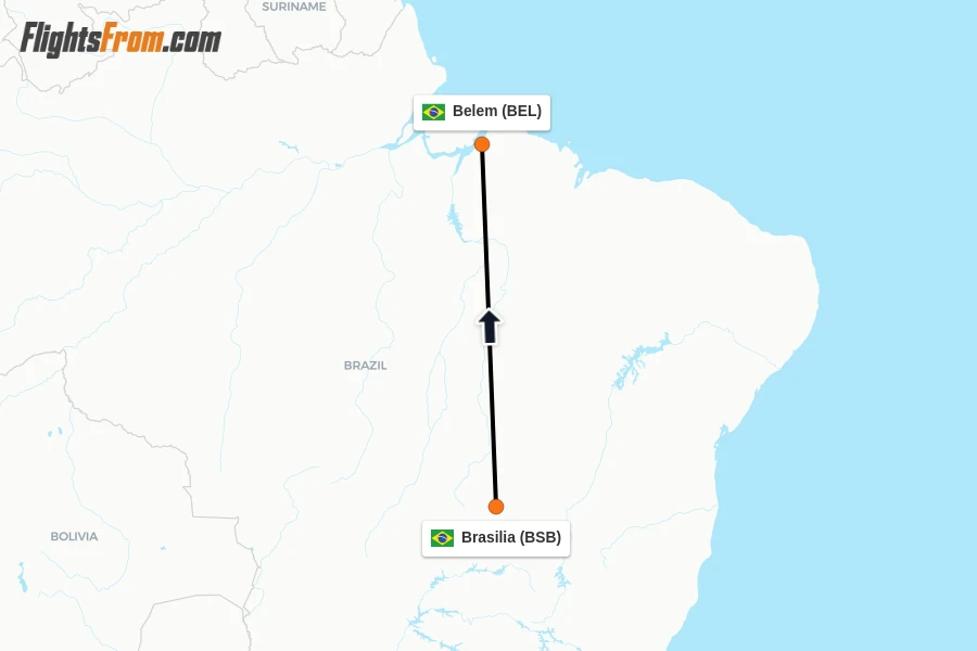 Flights from Brasilia to Belem route map