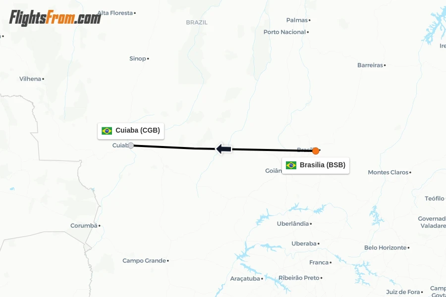 Flights from Brasilia to Cuiaba route map
