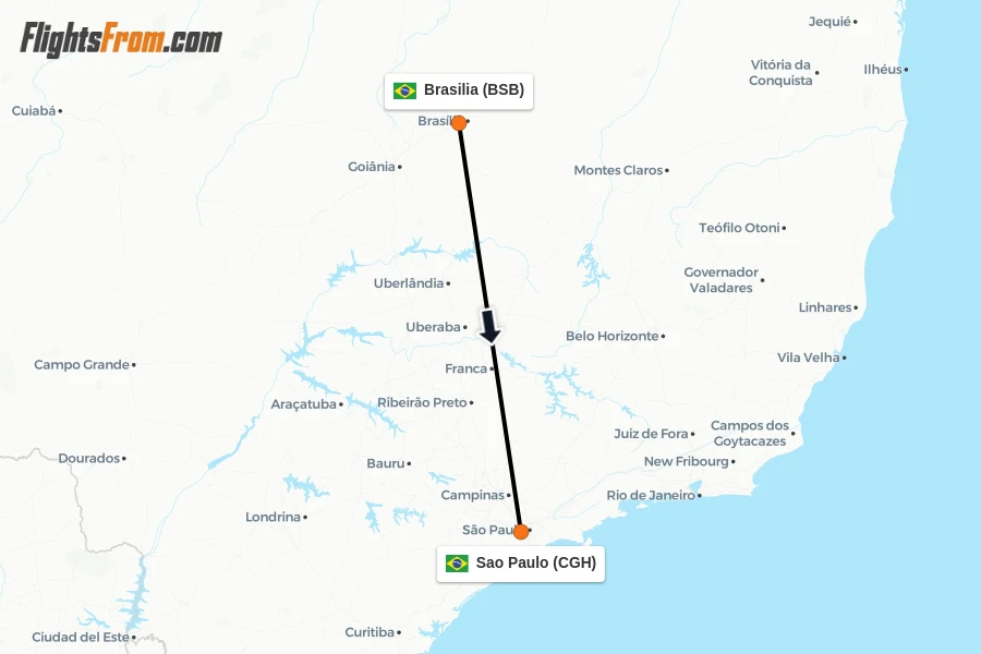 Flights from Brasilia to Sao Paulo route map