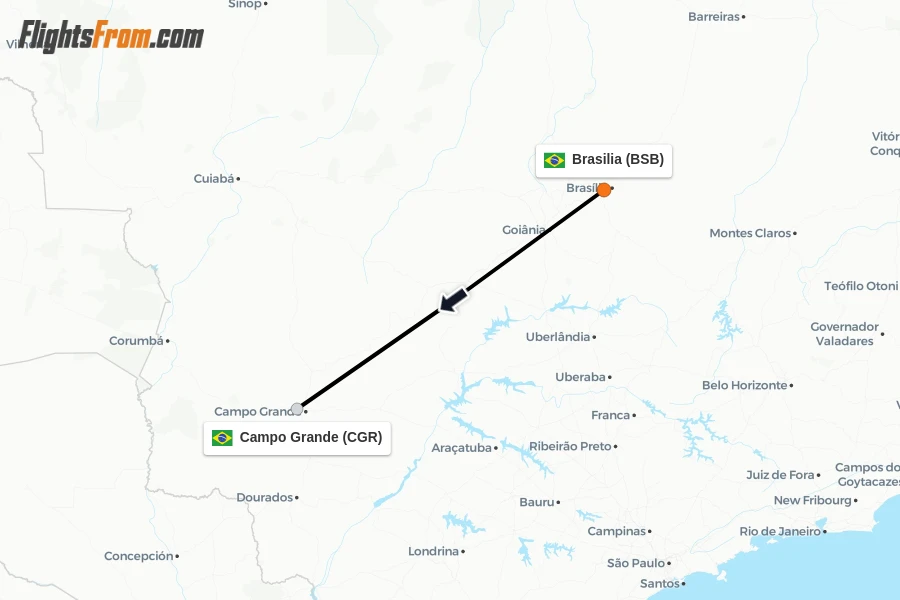Flights from Brasilia to Campo Grande route map