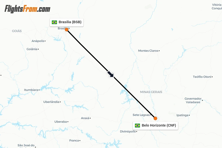 Flights from Brasilia to Belo Horizonte route map