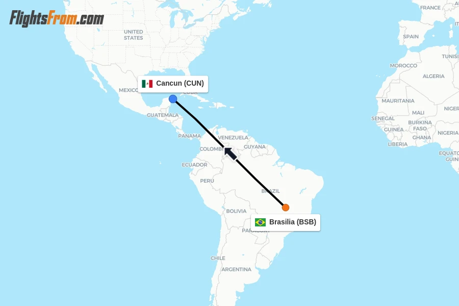 Flights from Brasilia to Cancun route map