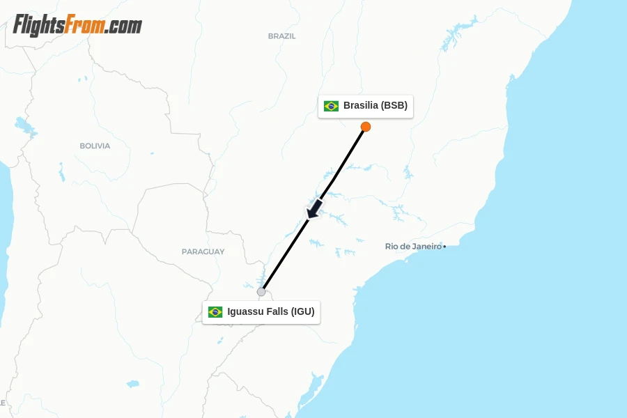Flights from Brasilia to Iguassu Falls route map