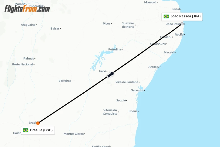 Flights from Brasilia to Joao Pessoa route map