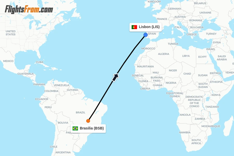 Flights from Brasilia to Lisbon route map