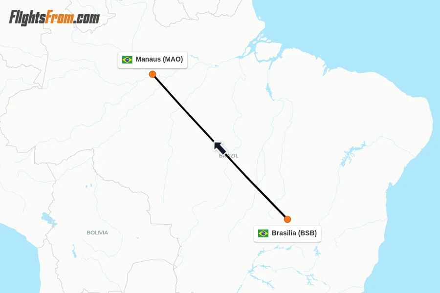 Flights from Brasilia to Manaus route map
