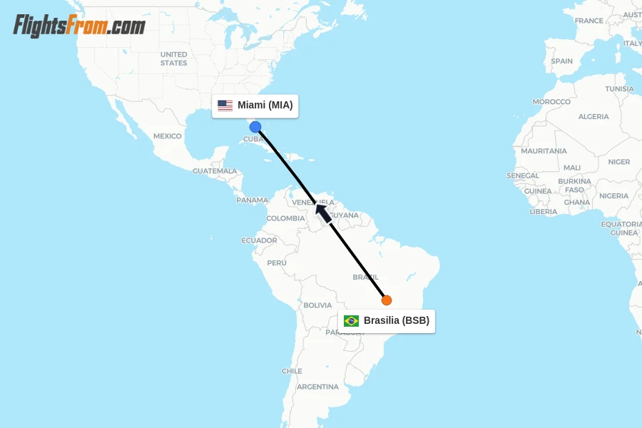 Flights from Brasilia to Miami route map