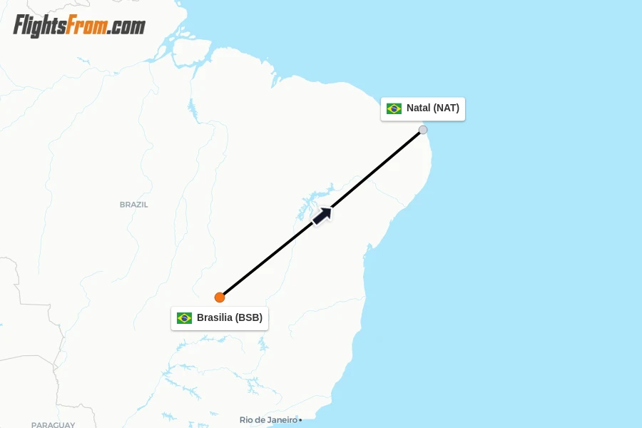 Flights from Brasilia to Natal route map