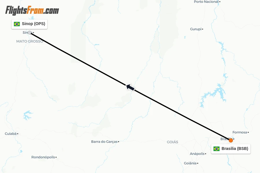 Flights from Brasilia to Sinop route map