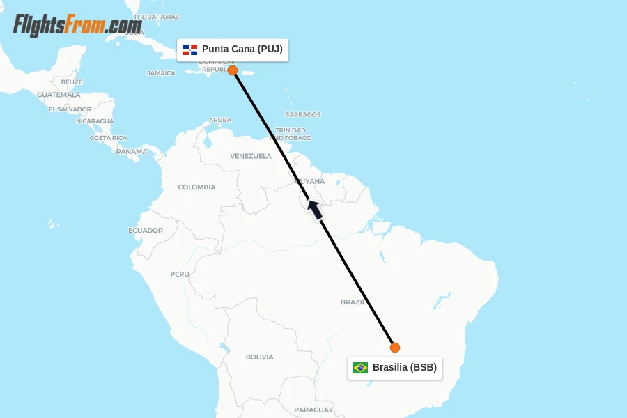 Flights from Brasilia to Punta Cana route map