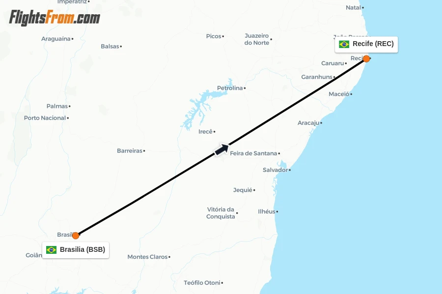 Flights from Brasilia to Recife route map