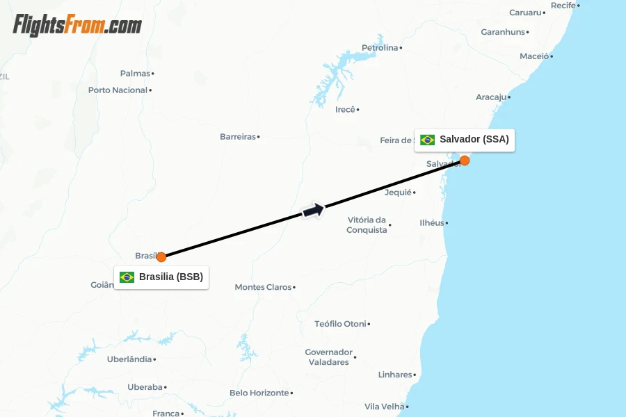 Flights from Brasilia to Salvador route map