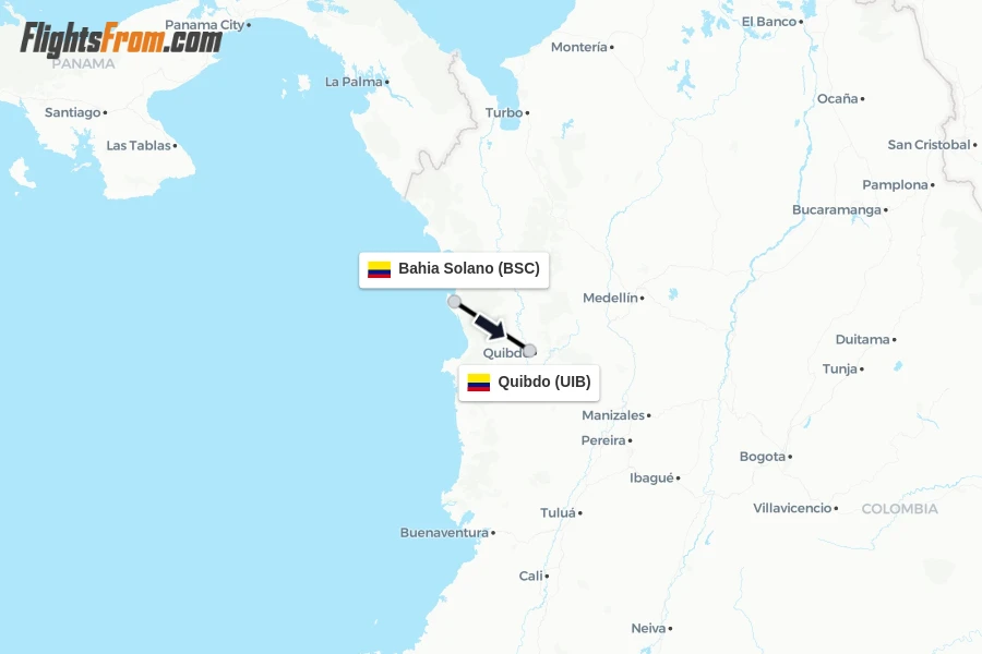 Flights from Bahia Solano to Quibdo route map