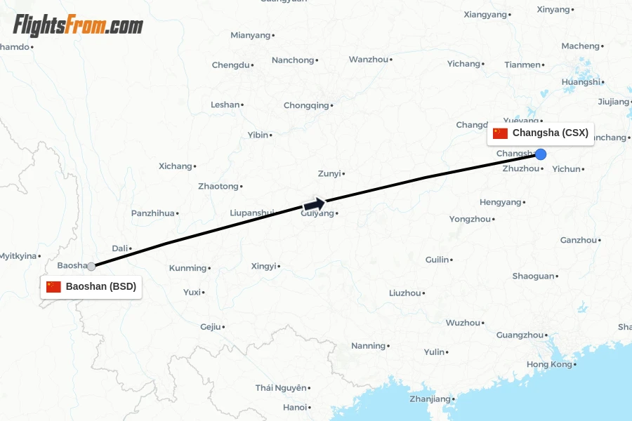 Flights from Baoshan to Changsha route map