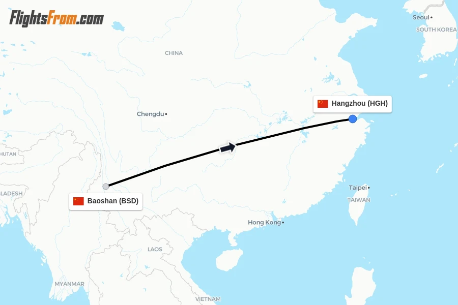 Flights from Baoshan to Hangzhou route map