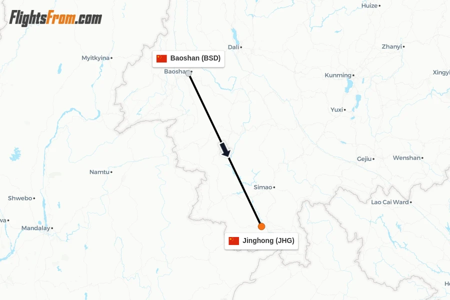 Flights from Baoshan to Jinghong route map