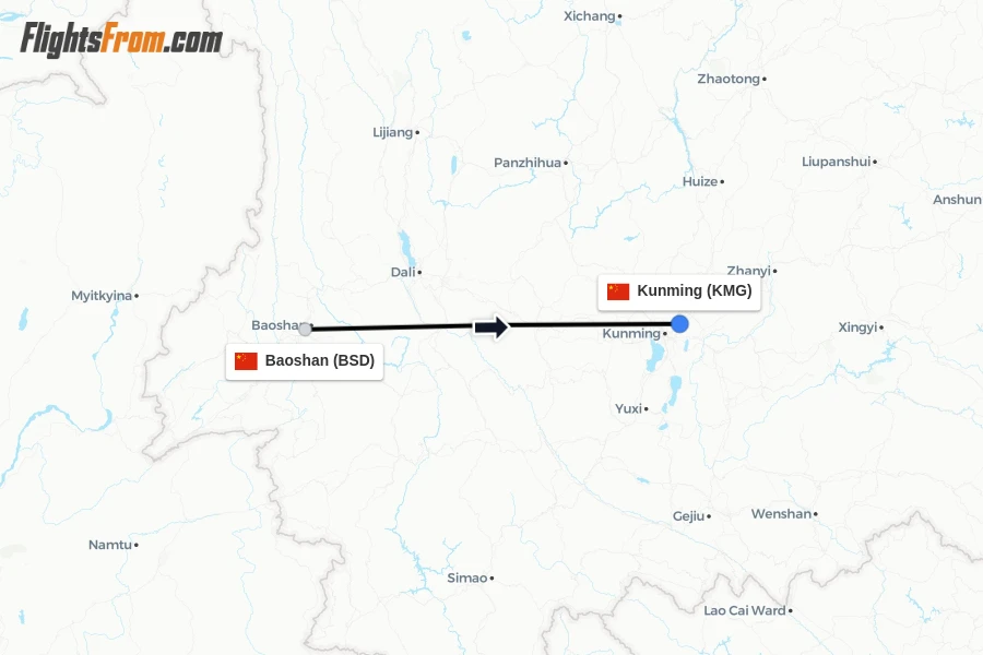 Flights from Baoshan to Kunming route map