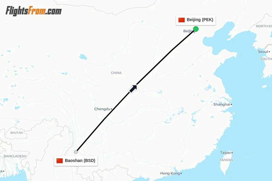 Flights from Baoshan to Beijing route map