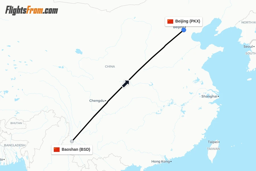 Flights from Baoshan to Beijing route map