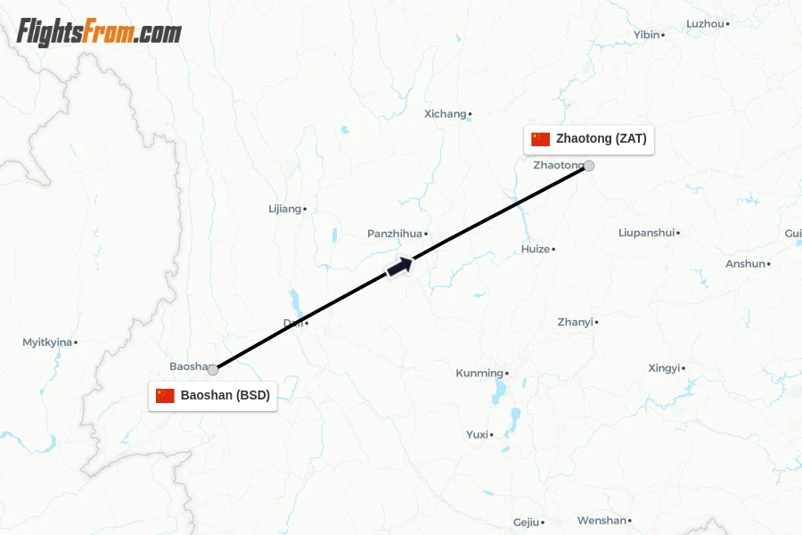 Flights from Baoshan to Zhaotong route map