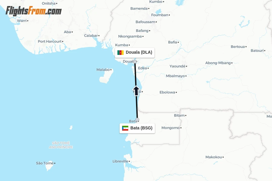 Flights from Bata to Douala route map