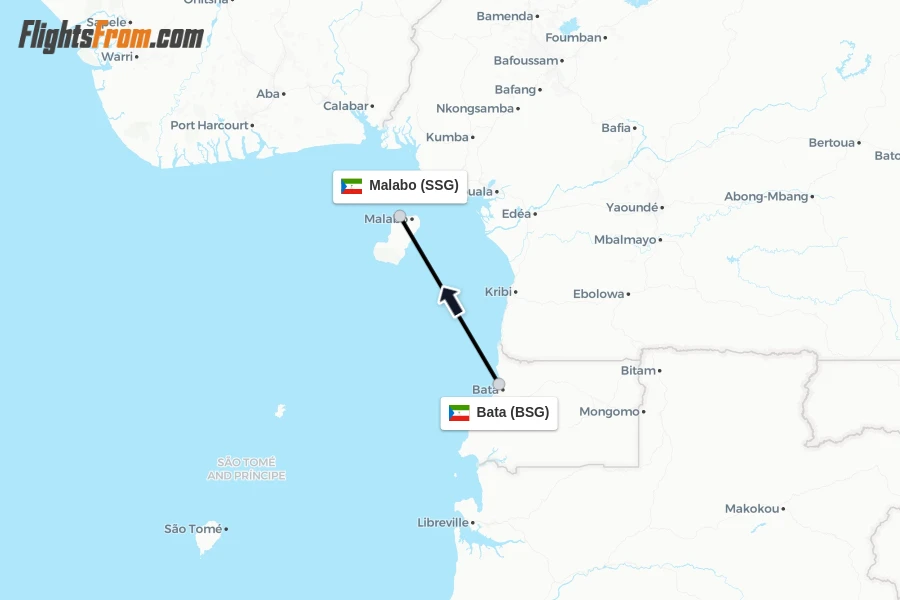 Flights from Bata to Malabo route map
