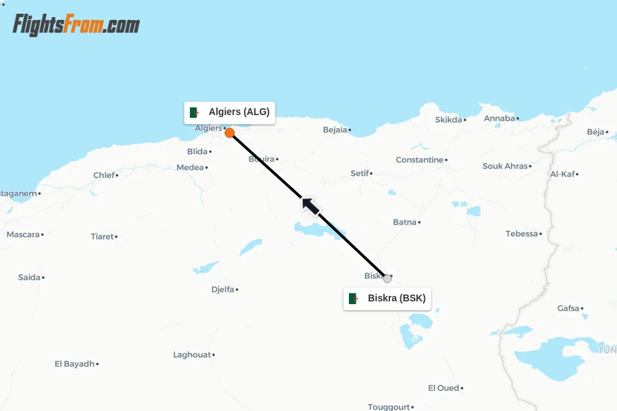 Flights from Biskra to Algiers route map