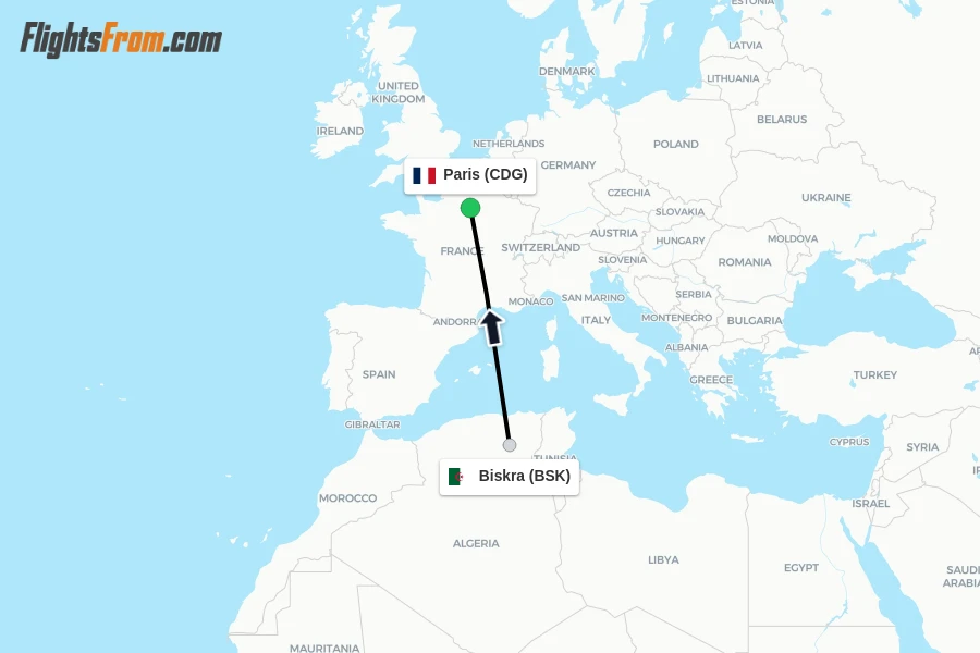 Flights from Biskra to Paris route map