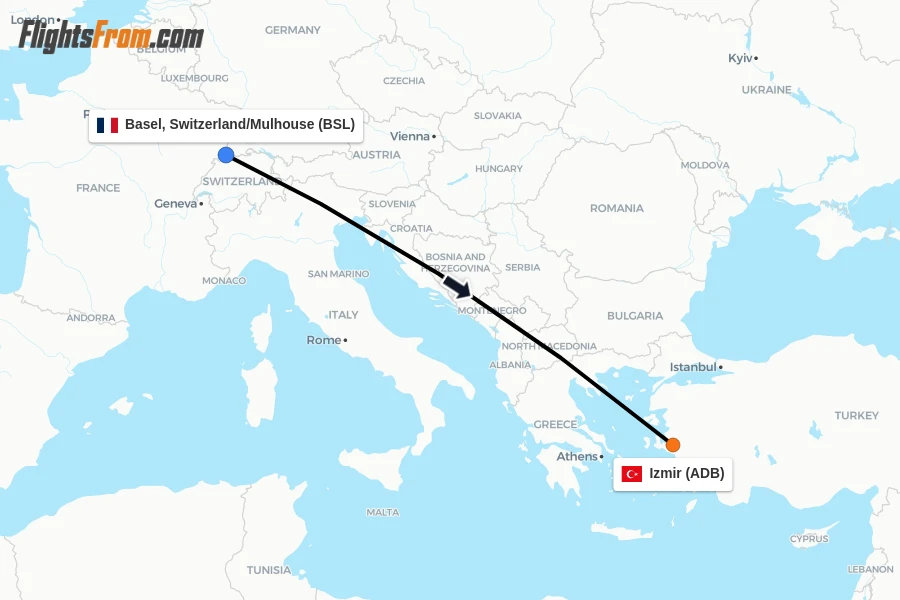 Flights from Basel, Switzerland/Mulhouse to Izmir route map