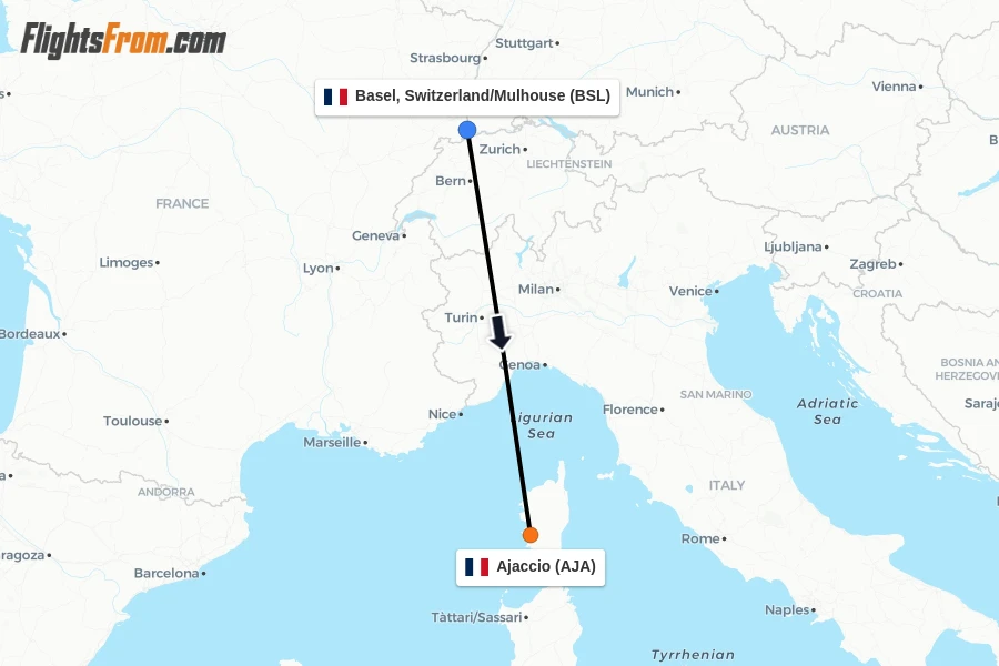 Flights from Basel, Switzerland/Mulhouse to Ajaccio route map