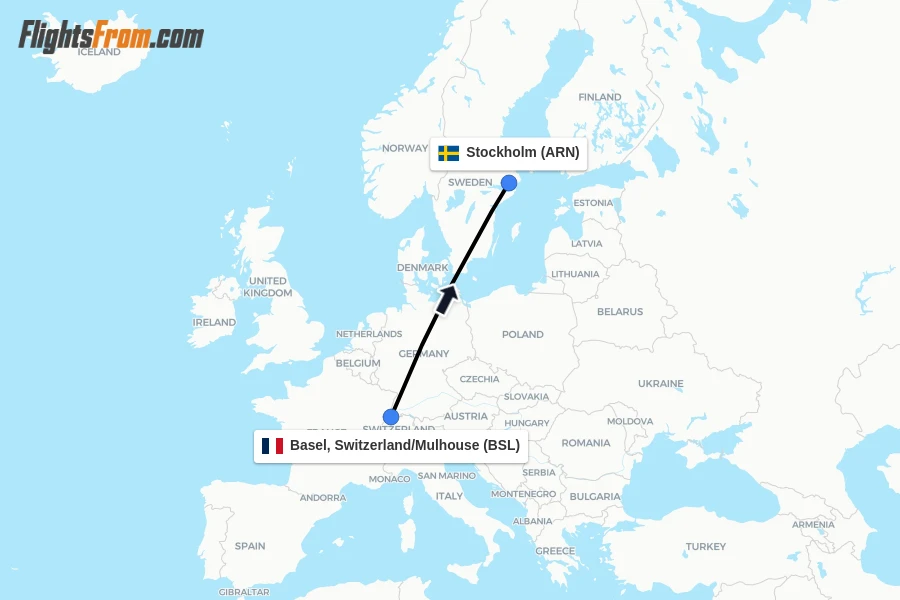 Flights from Basel, Switzerland/Mulhouse to Stockholm route map