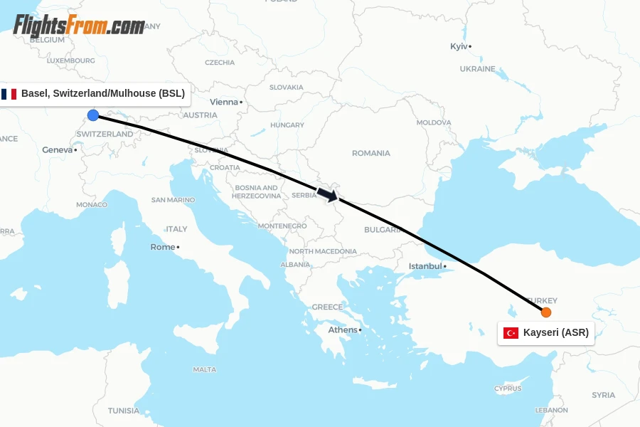 Flights from Basel, Switzerland/Mulhouse to Kayseri route map