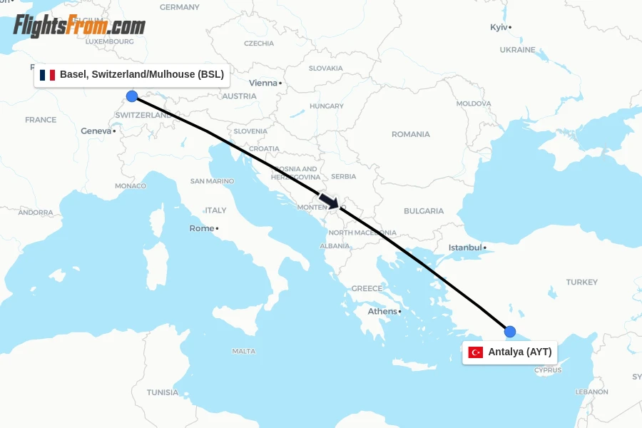 Flights from Basel, Switzerland/Mulhouse to Antalya route map