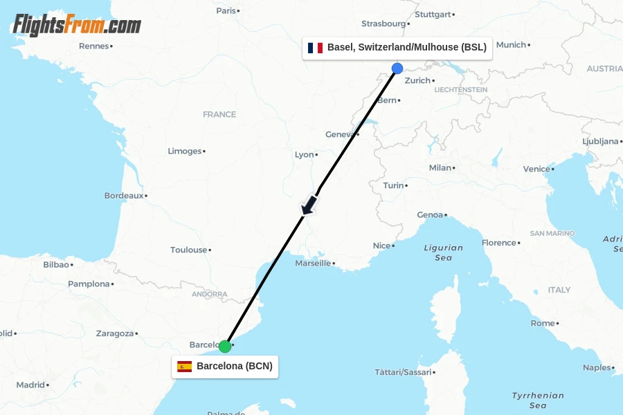 Flights from Basel, Switzerland/Mulhouse to Barcelona route map
