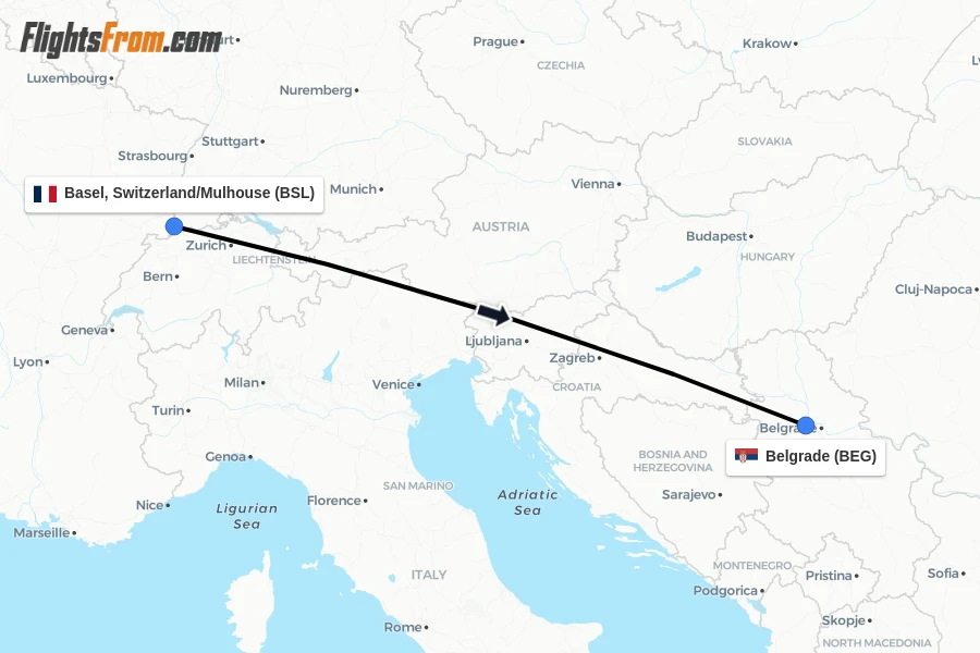Flights from Basel, Switzerland/Mulhouse to Belgrade route map