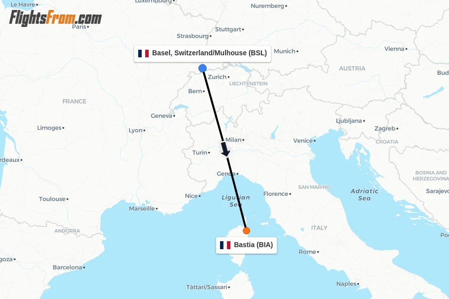 Flights from Basel, Switzerland/Mulhouse to Bastia route map