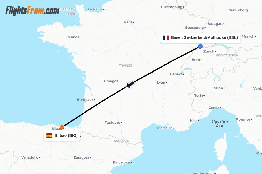 Flights from Basel, Switzerland/Mulhouse to Bilbao route map